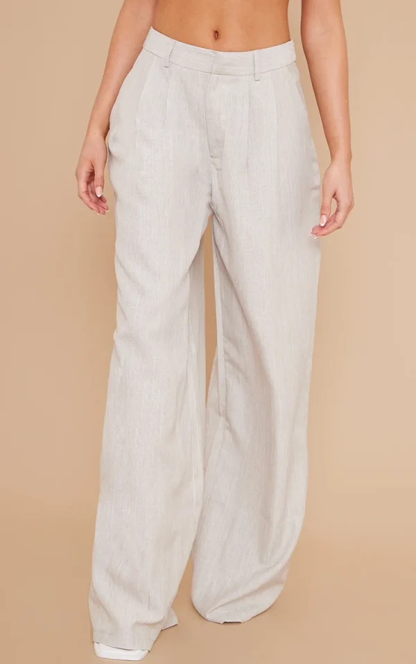 Stone Woven Linen Feel Tailored High Waist Wide Leg Pants