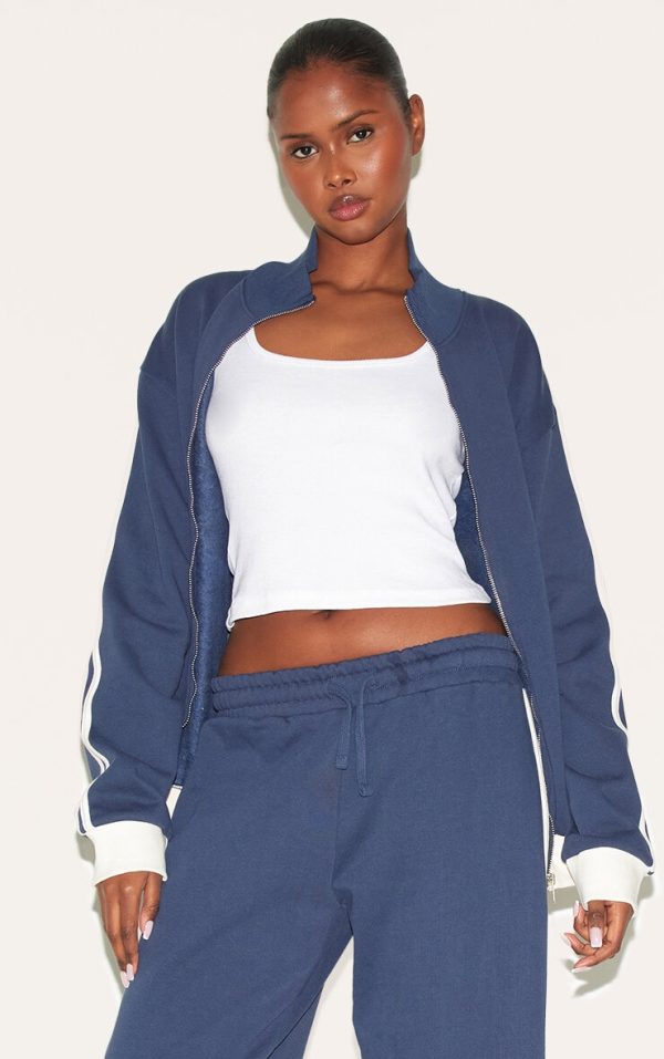 Navy Premium Side Stripe Contrast Zip Through Sweatshirt