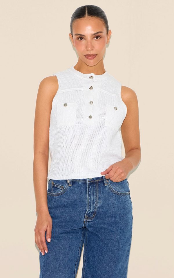 Petite White Knitted Long Top With Button Details