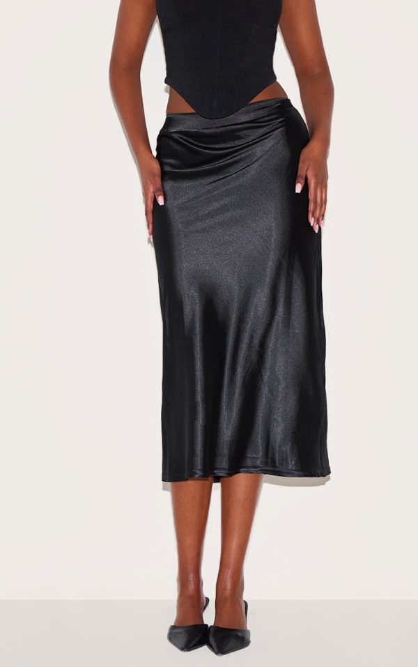 Black Satin Bias Cut Midi Skirt