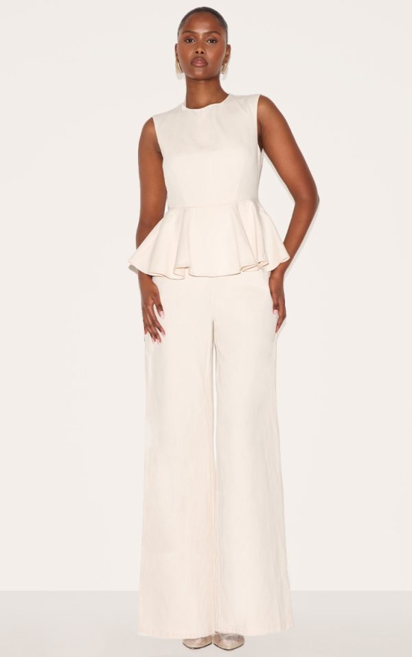 Ecru Cotton Peplum Detail Wide Leg Jumpsuit