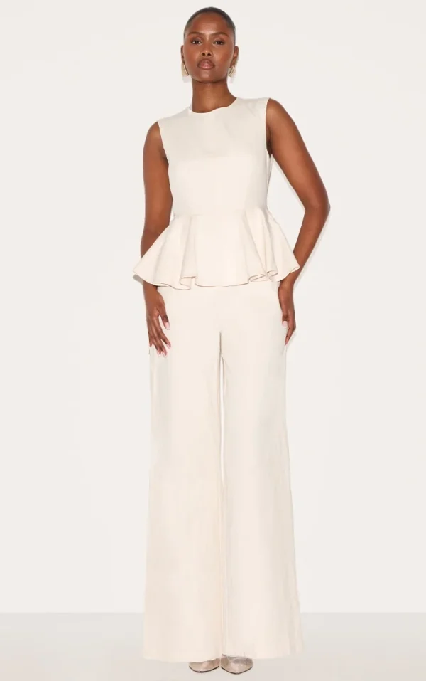 Ecru Cotton Peplum Detail Wide Leg Jumpsuit