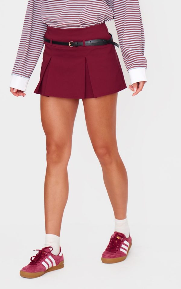 Burgundy Stretch Woven Low Rise Belted Skort