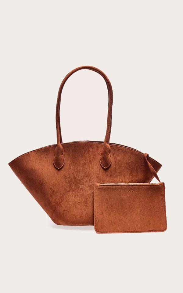 Tan Faux Suede Bucket Tote Bag