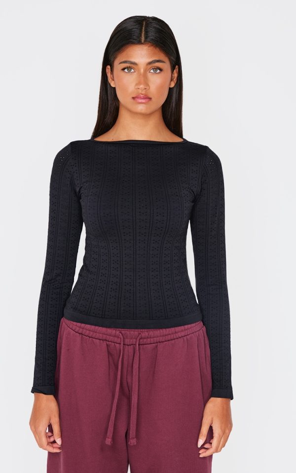 Black Contour Pointelle Detail Boatneck Long Sleeve Top