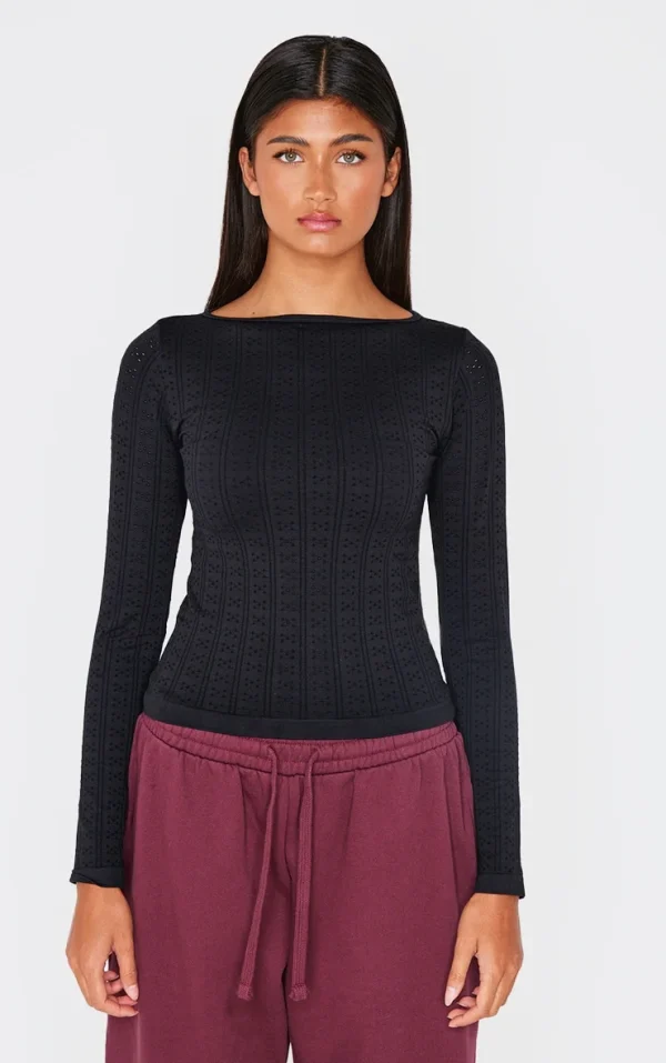 Black Contour Pointelle Detail Boatneck Long Sleeve Top