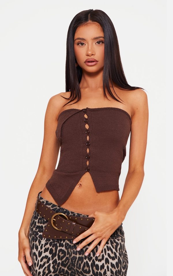 Petite Chocolate Knitted Bandeau Button Down Top
