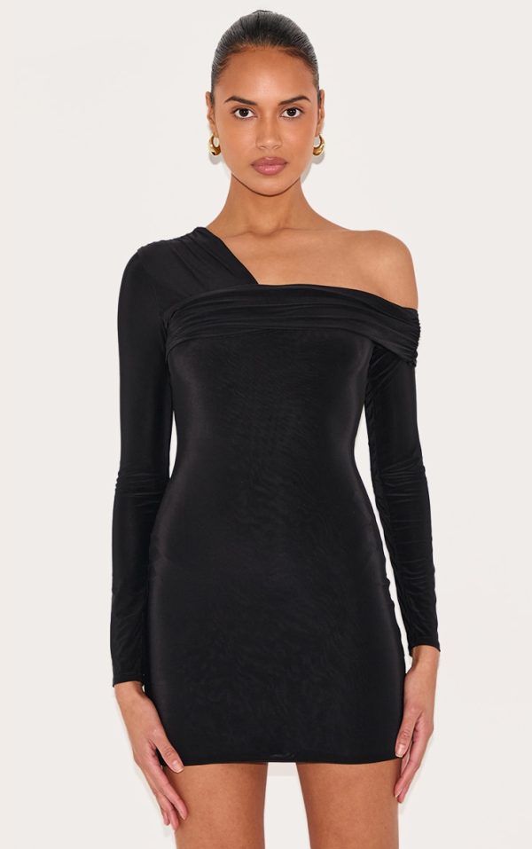 Black Double Layer Slinky Off Shoulder Mini Dress