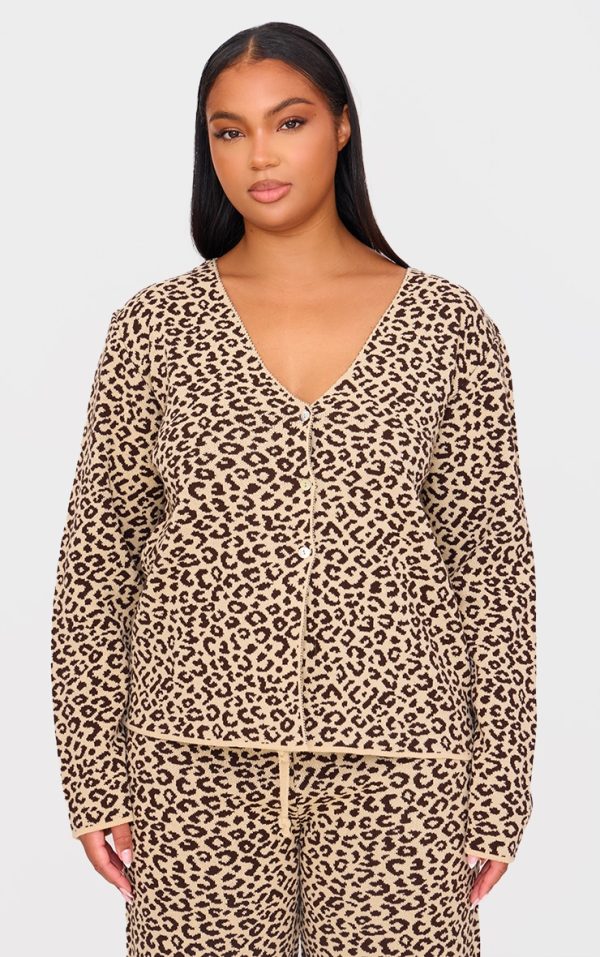 Plus Brown Leopard Print V Neck Knitted Button Up Cardigan