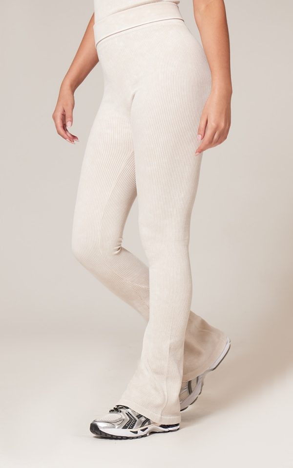 Cream Faded Snatched Rib Flared Folded Waist Pants