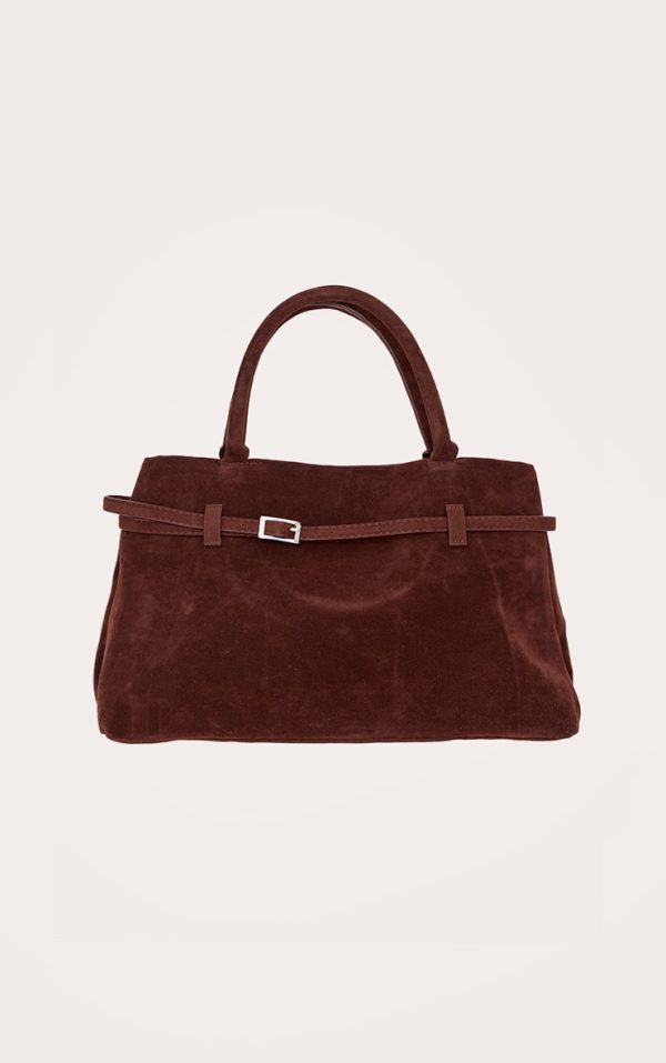 Chocolate Faux Suede Buckle Square Tote Bag