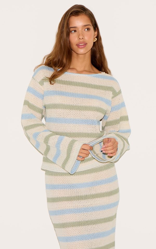 Sage Striped Boatneck Long Sleeve Top