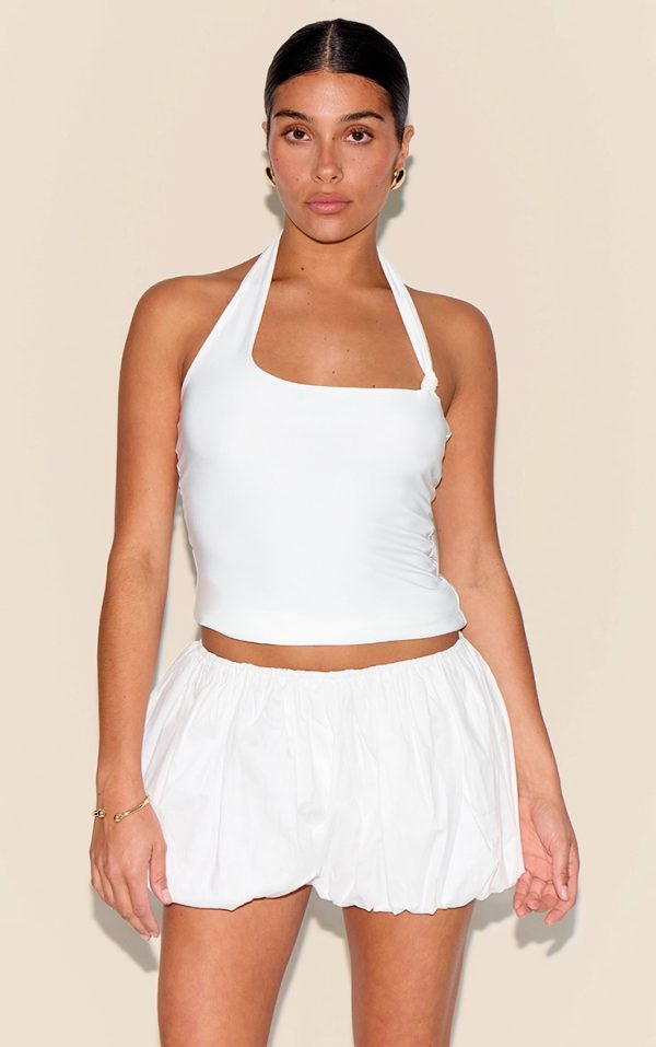 Petite White Slinky Halterneck Knot Detail Top