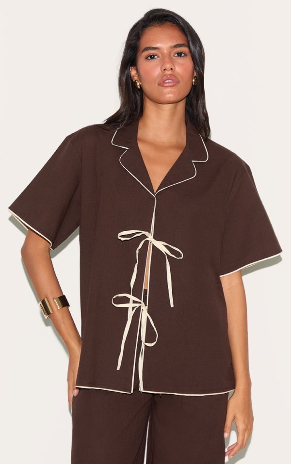Dark Brown Linen Look Contrast Oversized Tie Shirt