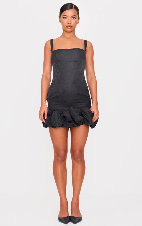 Black Jacquard Puff Ball Hem Mini Dress