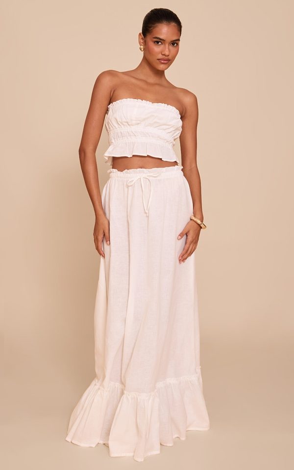 White Linen Blend Shirred Waist Maxi Skirt