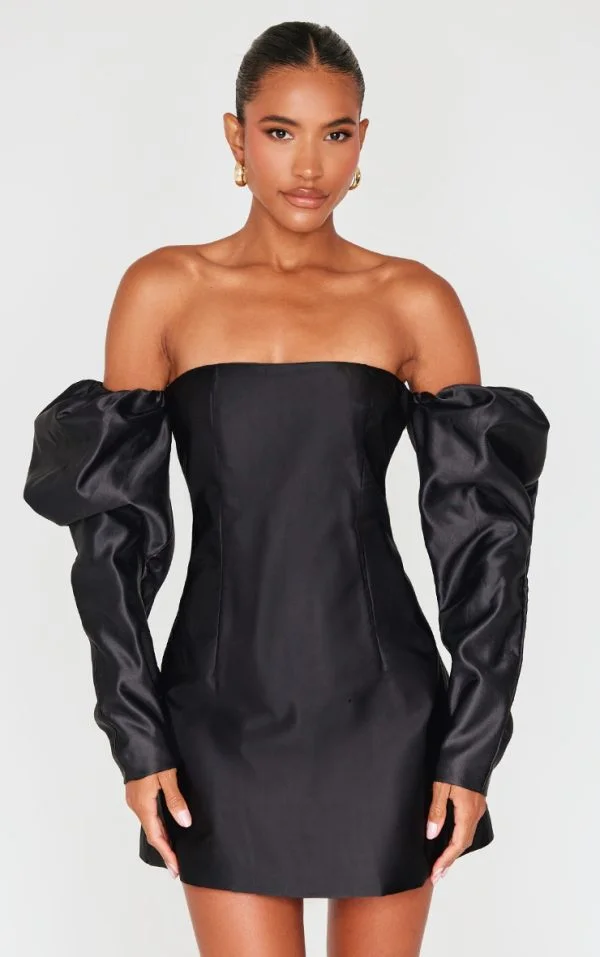 Black Oversized Puff Sleeve A Line Shift Dress