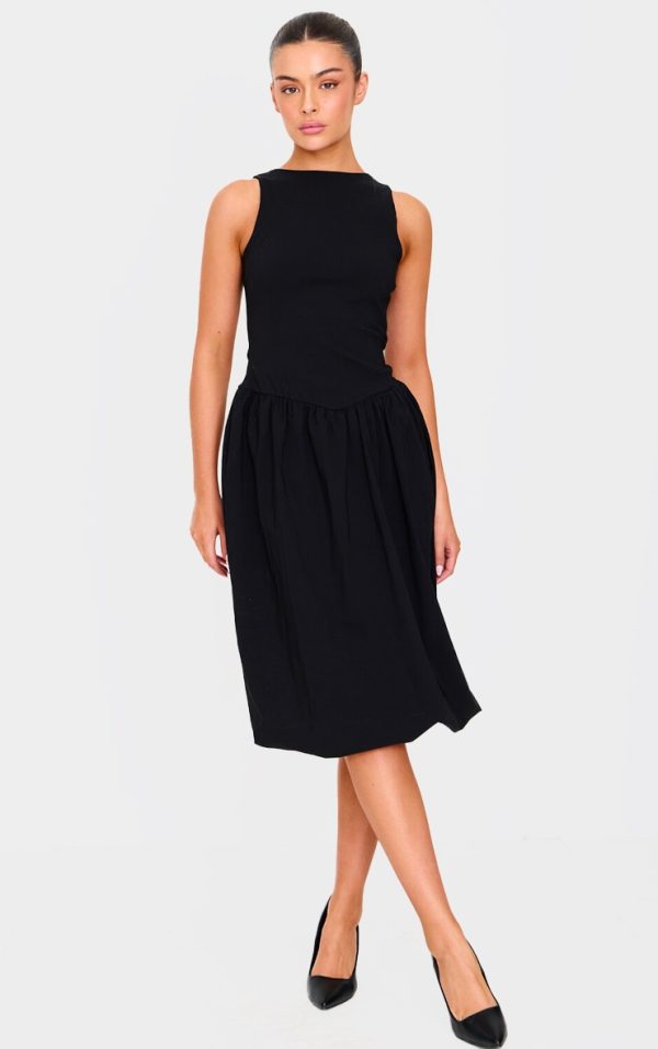 Black Racer Drop Waist Puffball Midi Dress