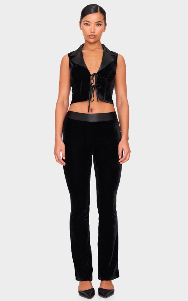 Black Velvet Satin Waistband Skinny Flare Pants