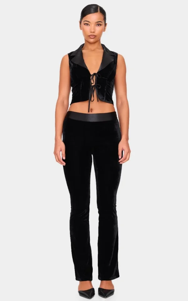 Black Velvet Satin Waistband Skinny Flare Pants