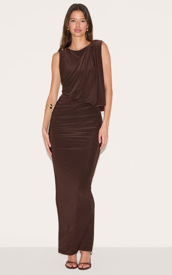 Chocolate Double Layer Slinky Drape Ruched Maxi Dress