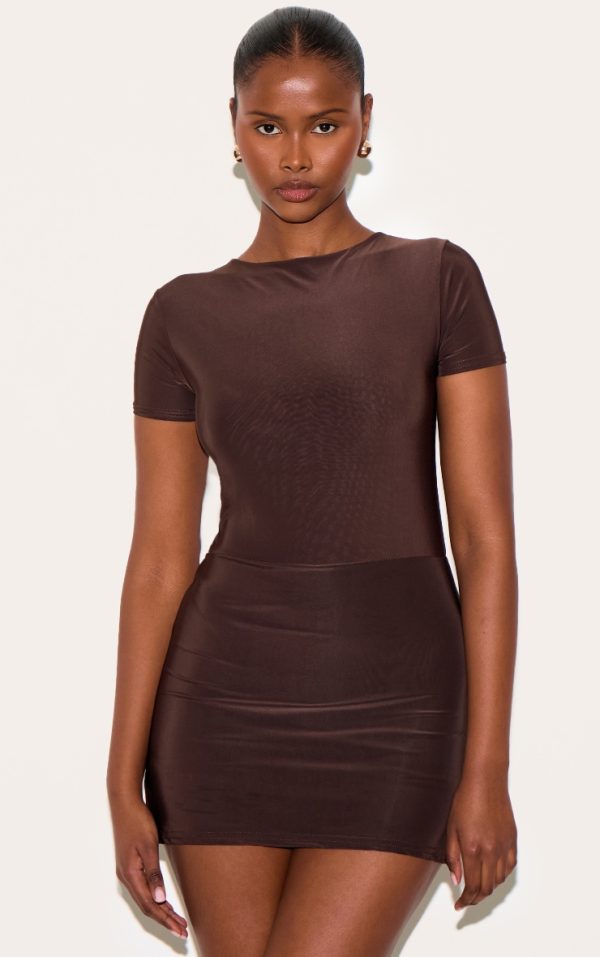 Chocolate Double Layer Cap Sleeve Slinky Skort Romper
