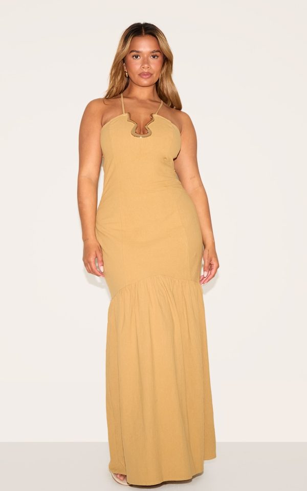 Shape Khaki Linen Look Gold Wave Trim Dropped Hem Maxi Dress