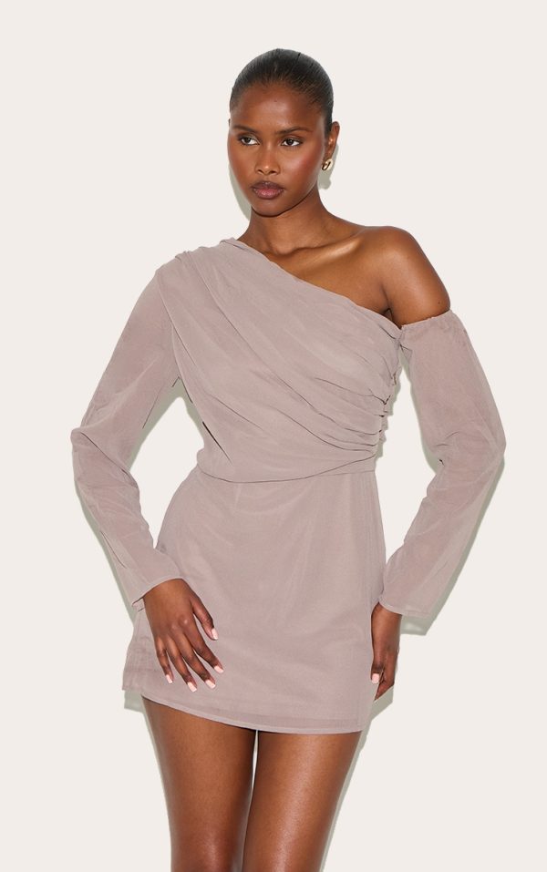 Mushroom Chiffon Asymmetric Ruched Shift Dress