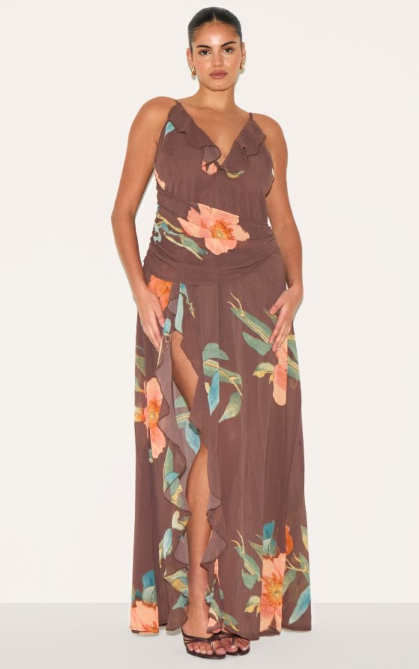 Plus Brown Floral Chiffon Frill Plunge Strappy Maxi Dress