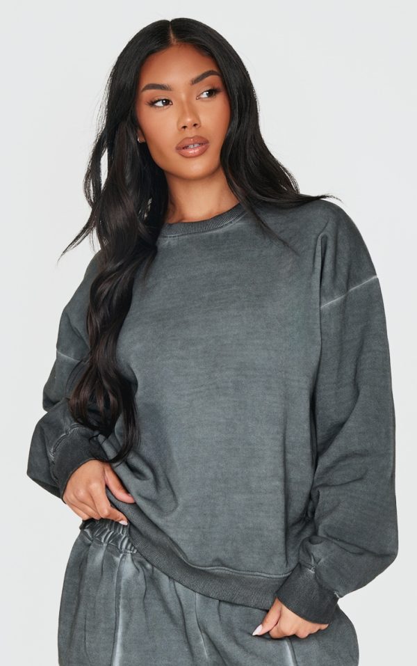 PRETTYLITTLETHING Washed Charcoal Premium Oversized Sweatshirt