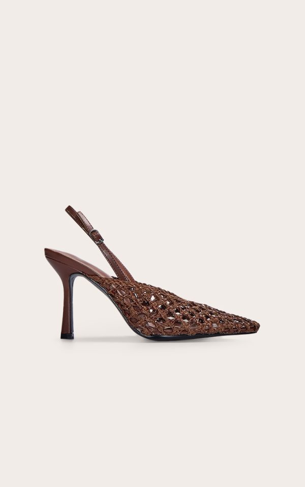 Chocolate Pu Point Toe Woven High Heeled Sling Back Courts