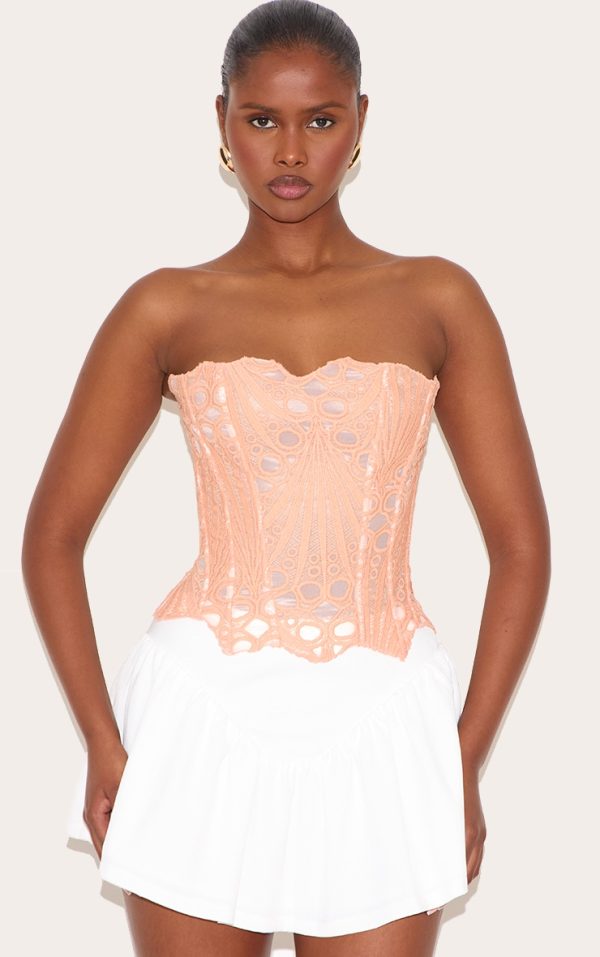 Peach Textured Sheer Floral Lace Corset