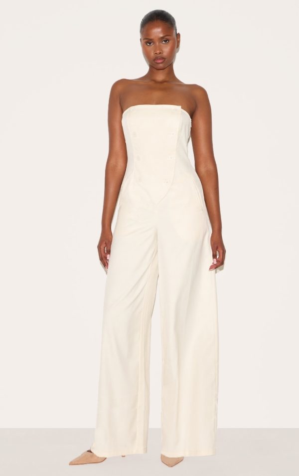 Cream Tailored Woven Button Up Wide Leg Bandeau Jumpsuit