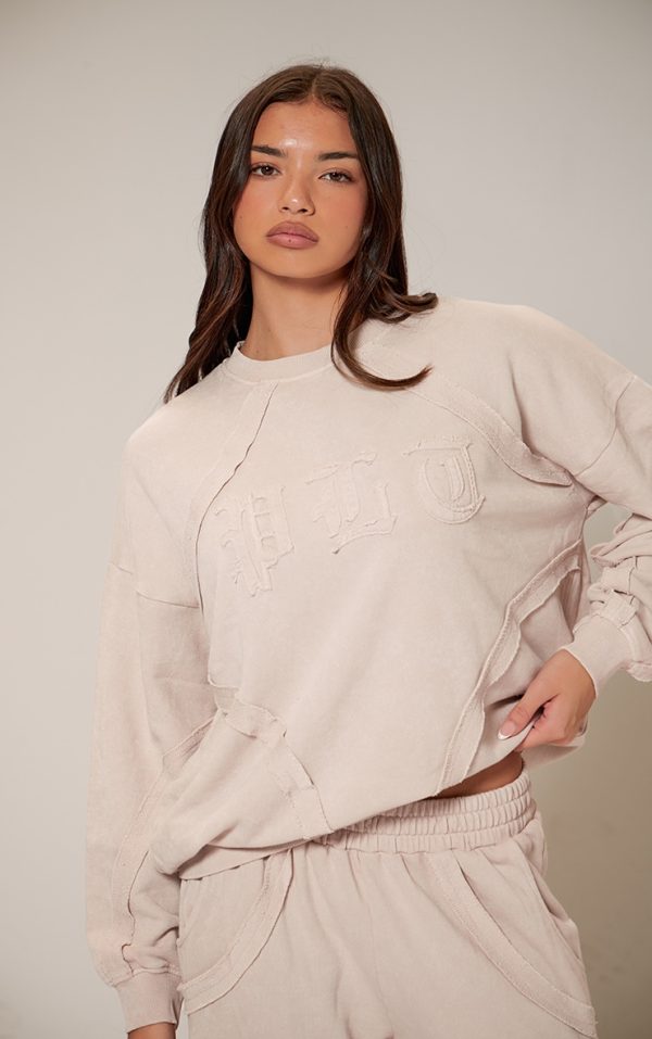 Cream Washed Distressed Seam Graphic Sweatshirt
