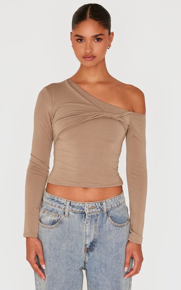 Taupe Contour Jersey Asymmetric Twist Detail Long Sleeve Top
