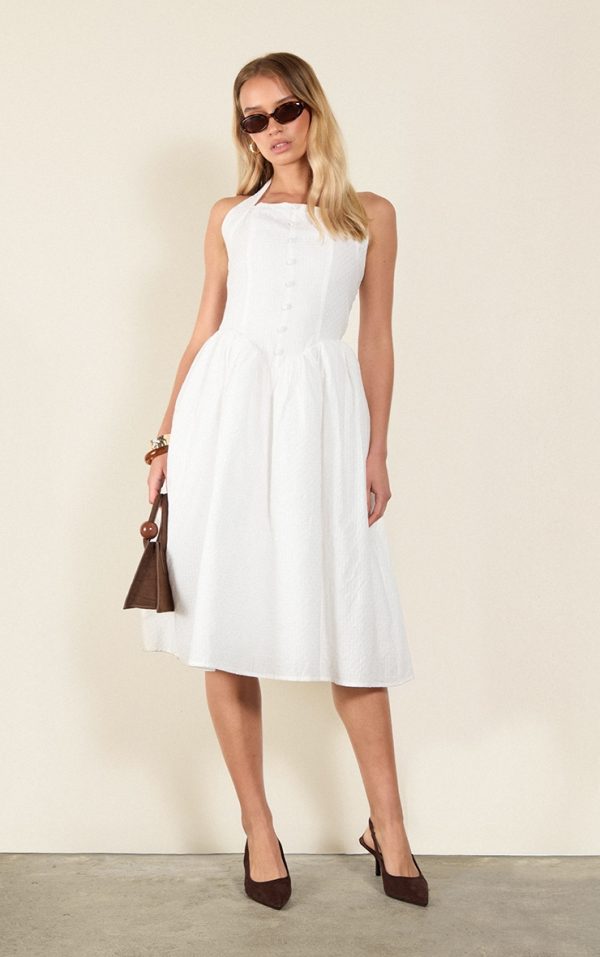 White Embroidered Cotton Halterneck Midaxi Dress