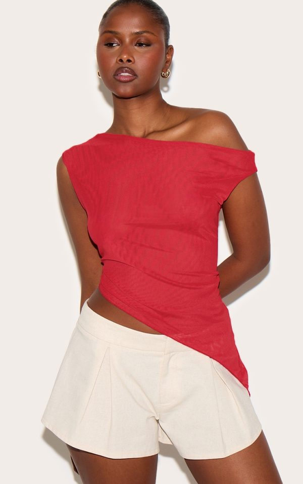 Tomato Red Double Layer Asymmetric Neck Mesh Top