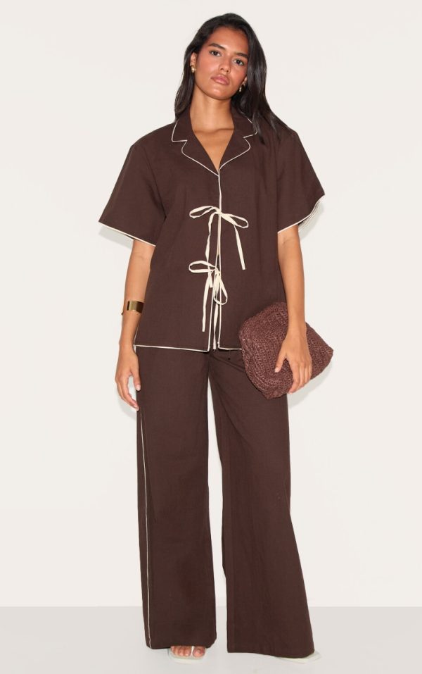 Dark Brown Linen Look Contrast Wide Leg Pants