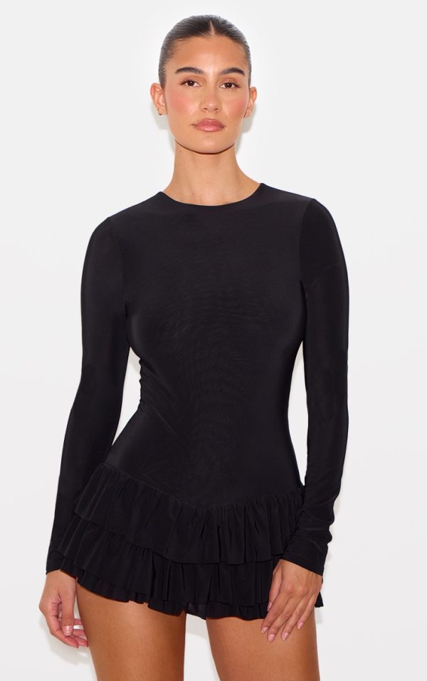Black Double Layer Slinky Long Sleeve Rara Skort Romper
