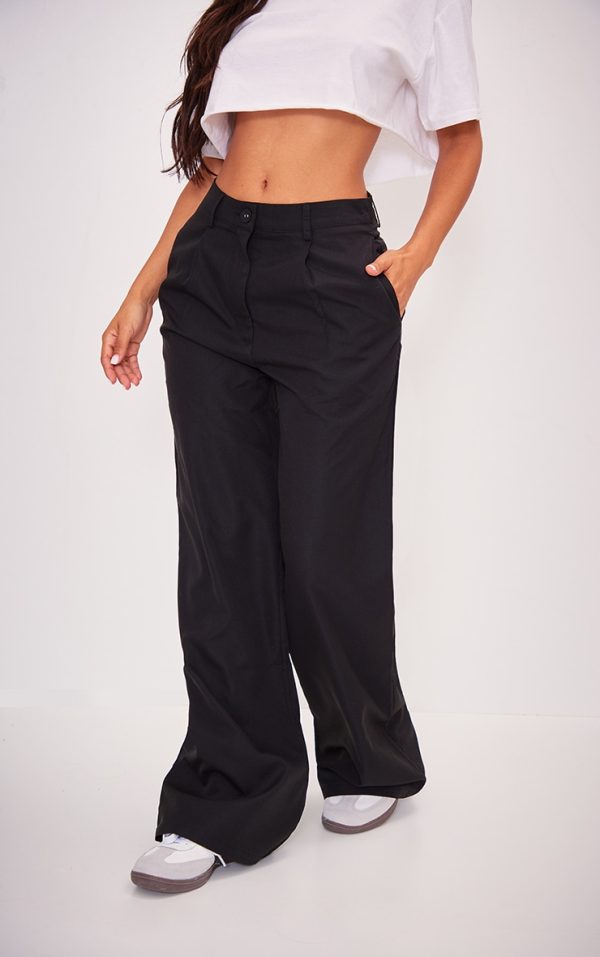 Petite Black Peach Skin Straight Leg Pants
