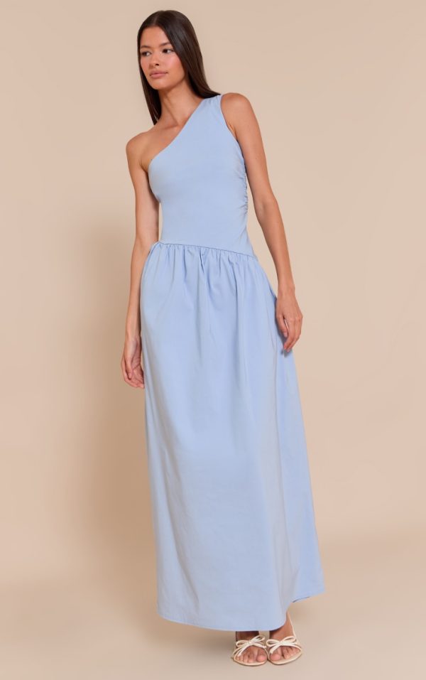 Light Blue Stretch Woven One Shoulder Maxi Dress