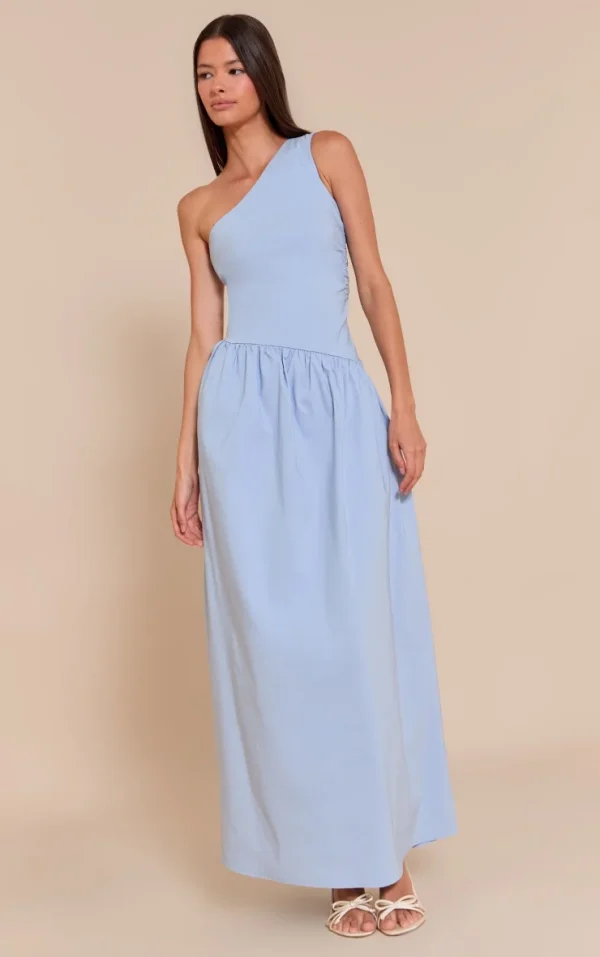 Light Blue Stretch Woven One Shoulder Maxi Dress