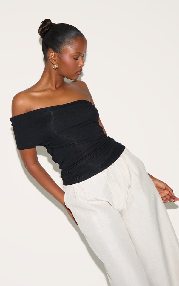 Black Sheer Soft Touch Fold Over Detail One Shoulder Long Top