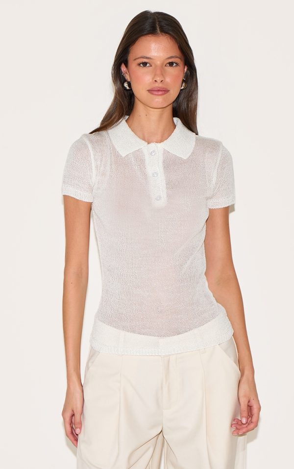 White Sheer Knit Polo Top