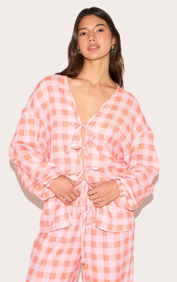 Orange Checked Cheesecloth Tie Front Long Sleeve Shirt