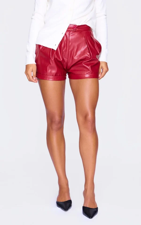 Cherry Red Faux Leather Pleat Detail Shorts
