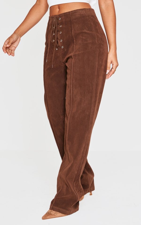 Petite Chocolate Faux Suede Lace Up Wide Leg Pants