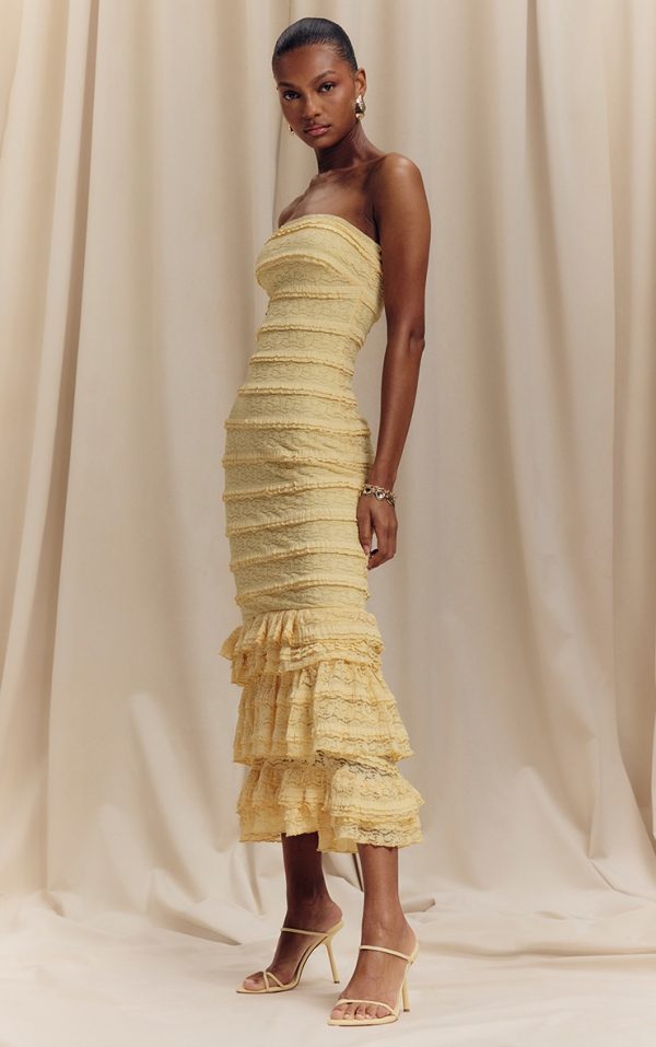 Lemon Textured Lace Frill Tiered Midaxi Dress