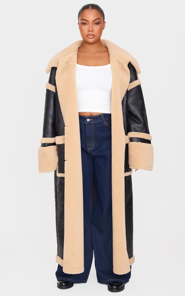 Plus Black Faux Vintage Leather And Borg Coat