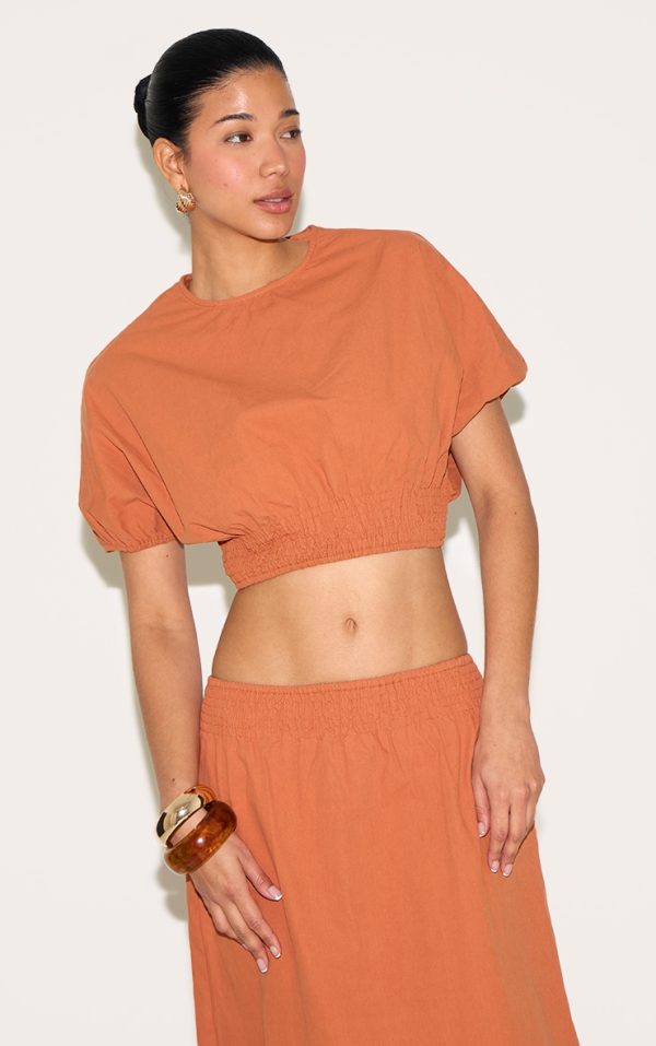 Burnt Orange Sheered Waist Cap Sleeve Crop Top